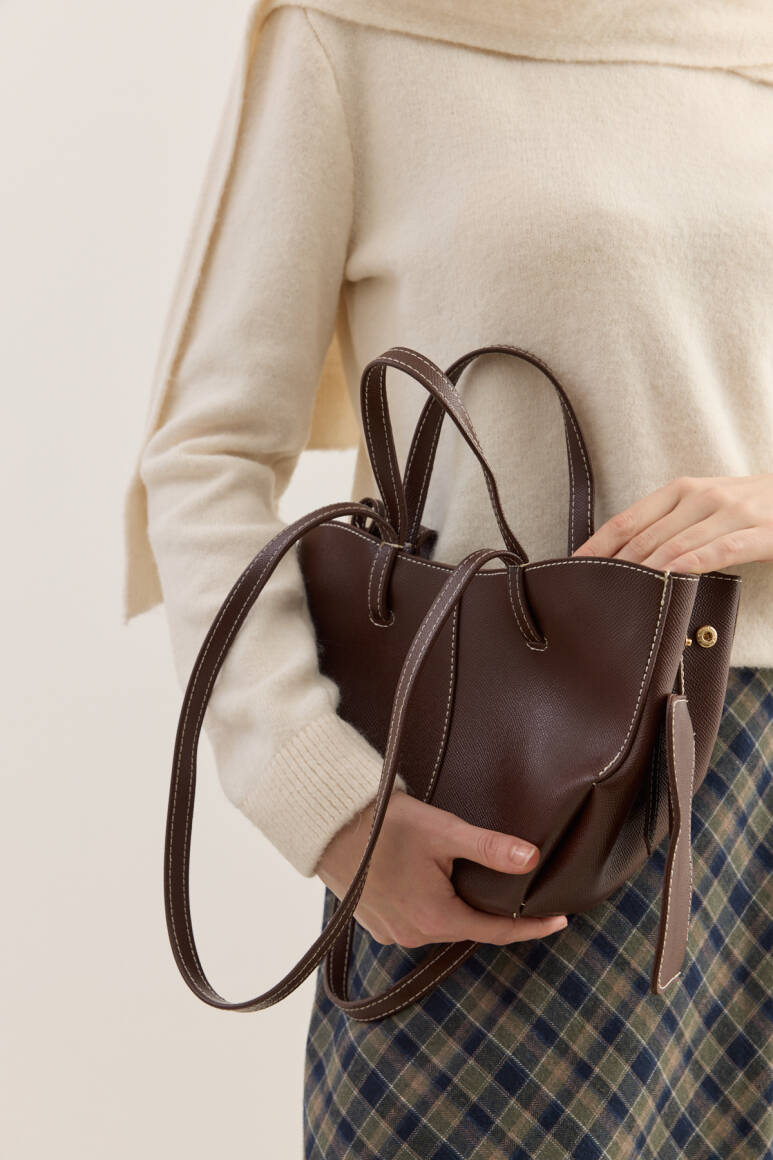 Dikiş Detaylı Mini Tote Çanta Acı Kahve - EMNORA