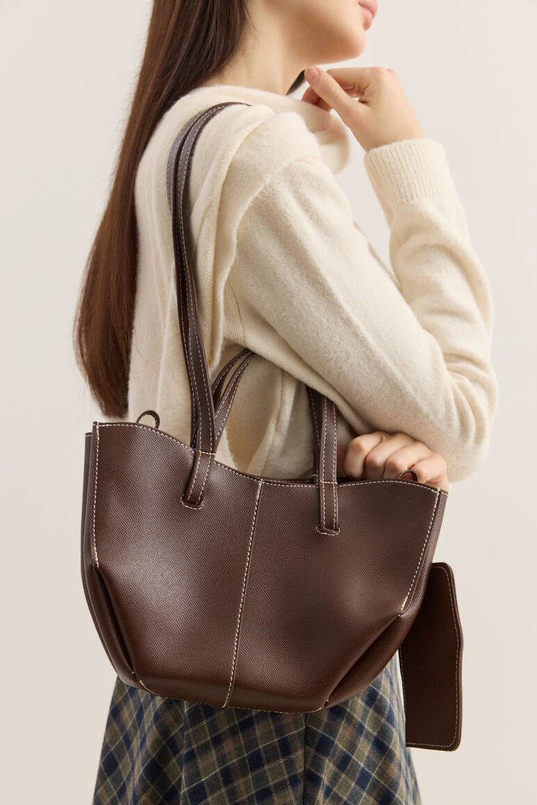 Dikiş Detaylı Mini Tote Çanta Acı Kahve - 4