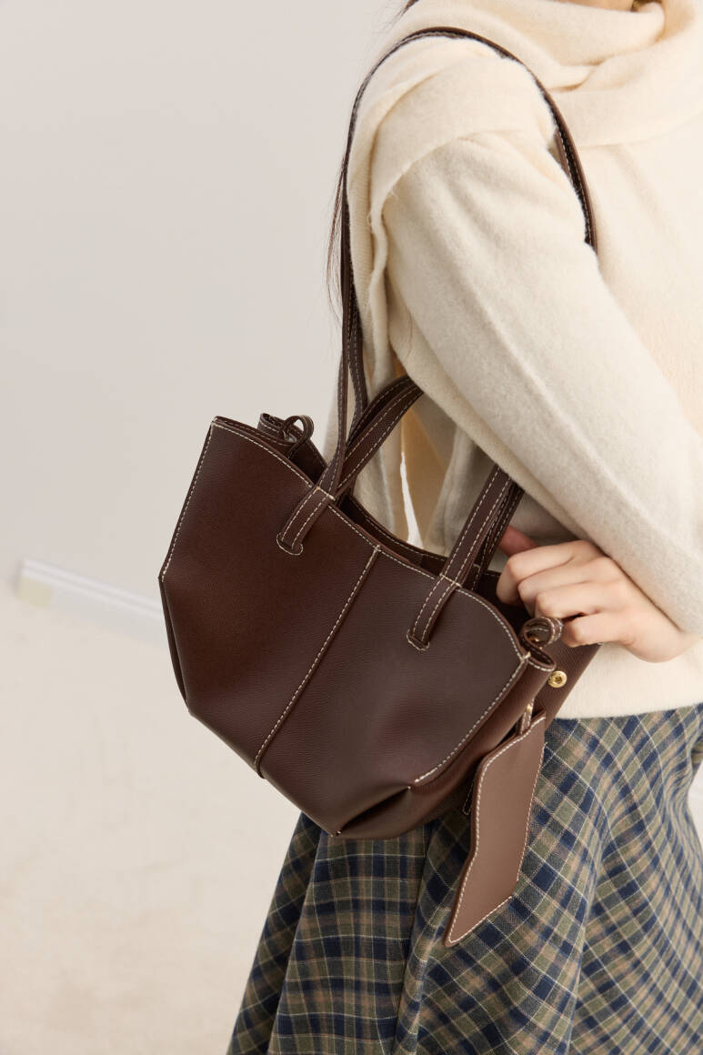 Dikiş Detaylı Mini Tote Çanta Acı Kahve - 5