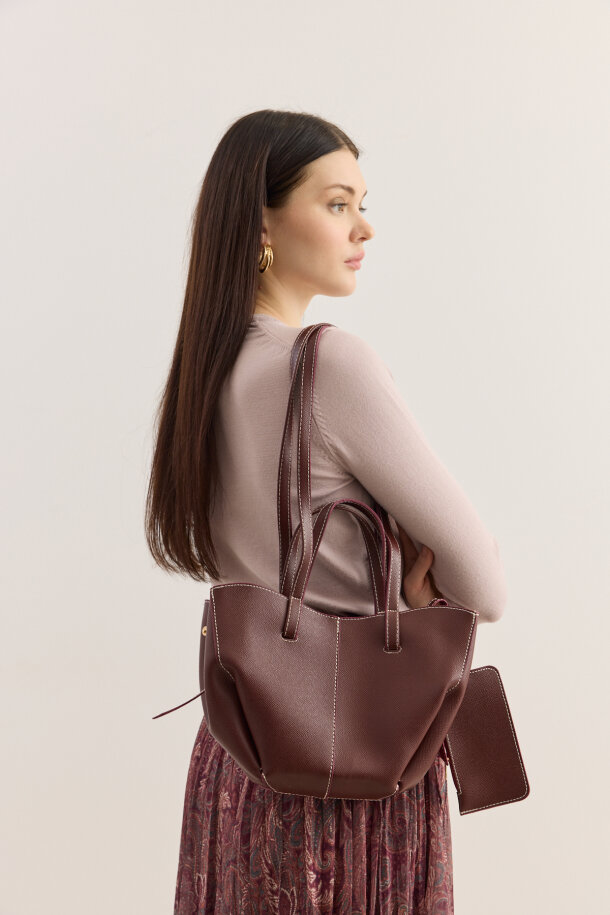 Dikiş Detaylı Mini Tote Çanta Bordo - EMNORA