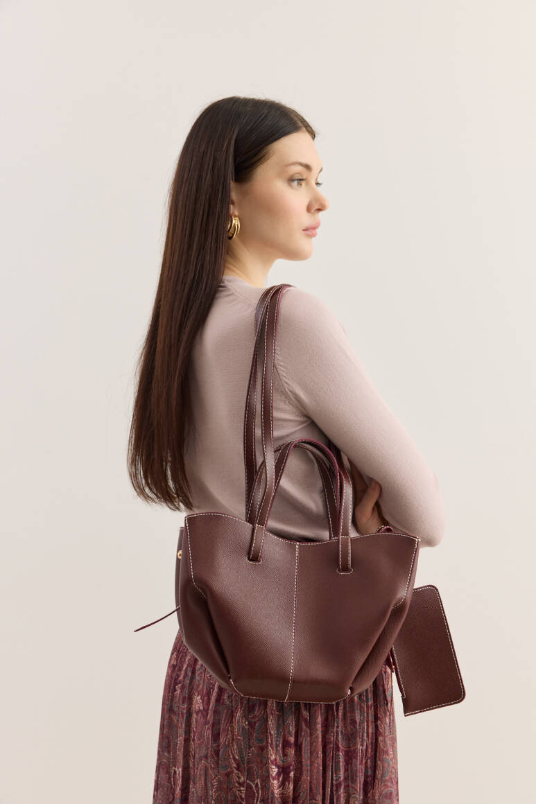 Dikiş Detaylı Mini Tote Çanta Bordo - EMNORA