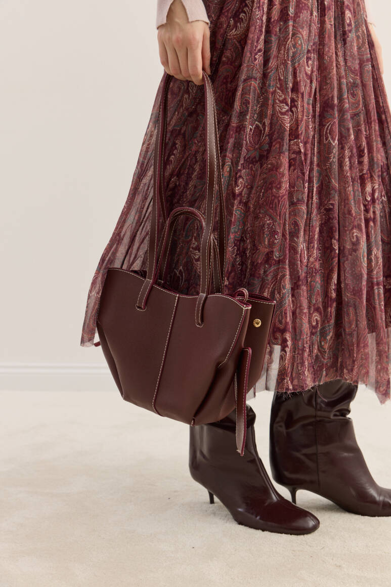 Dikiş Detaylı Mini Tote Çanta Bordo - 5