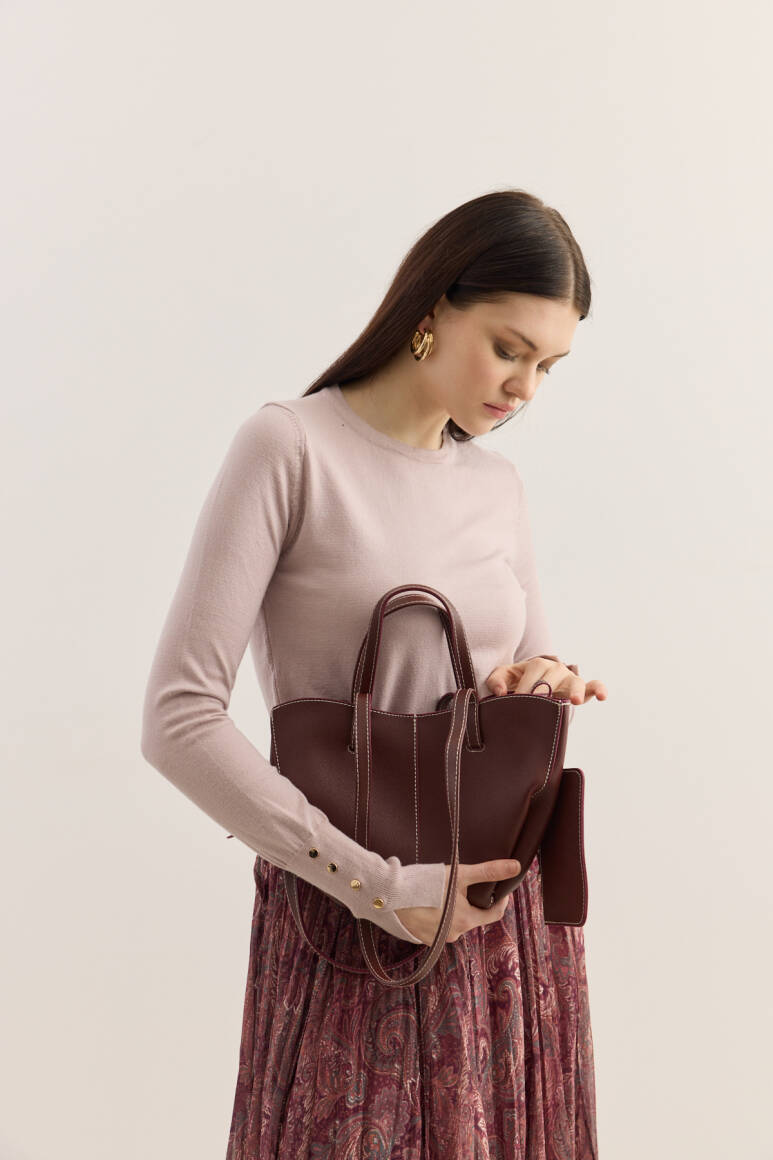 Dikiş Detaylı Mini Tote Çanta Bordo - 3