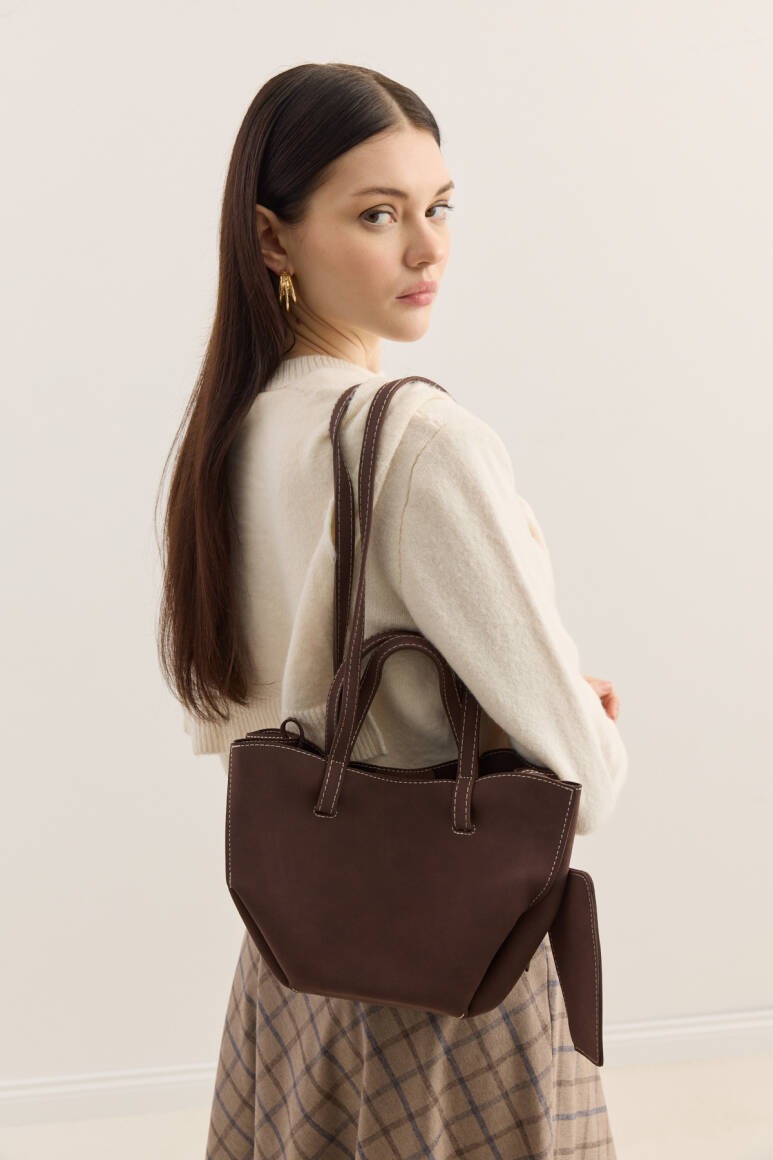 Dikiş Detaylı Mini Tote Çanta Süet Acı Kahve - EMNORA