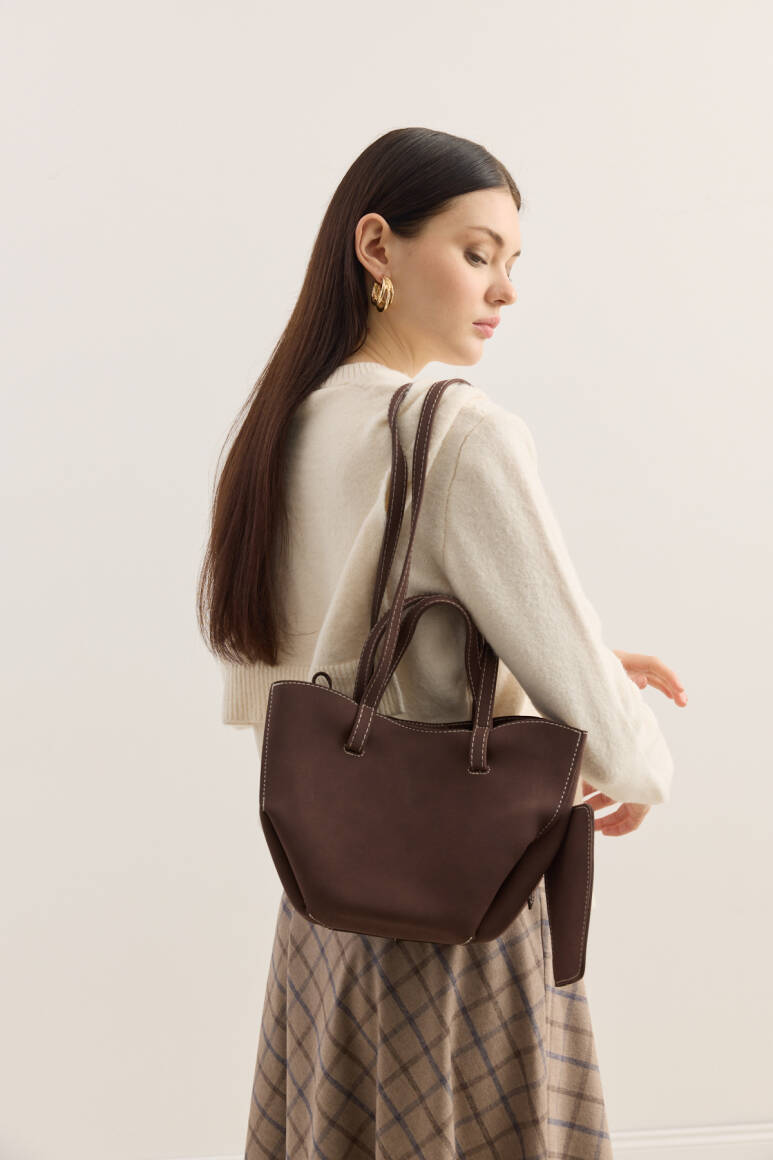 Dikiş Detaylı Mini Tote Çanta Süet Acı Kahve - 3