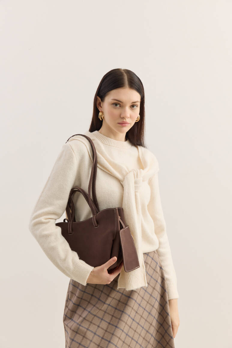 Dikiş Detaylı Mini Tote Çanta Süet Acı Kahve - 4