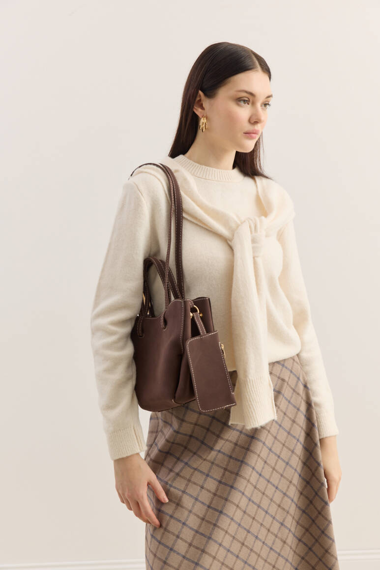 Dikiş Detaylı Mini Tote Çanta Süet Acı Kahve - 5