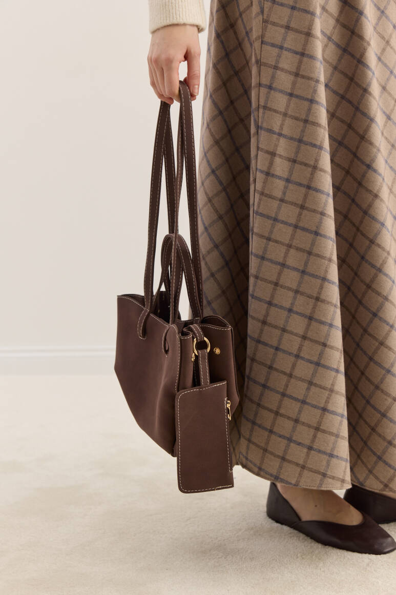 Dikiş Detaylı Mini Tote Çanta Süet Acı Kahve - 6