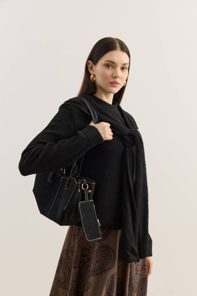 Dikiş Detaylı Mini Tote Çanta Süet Siyah - 4