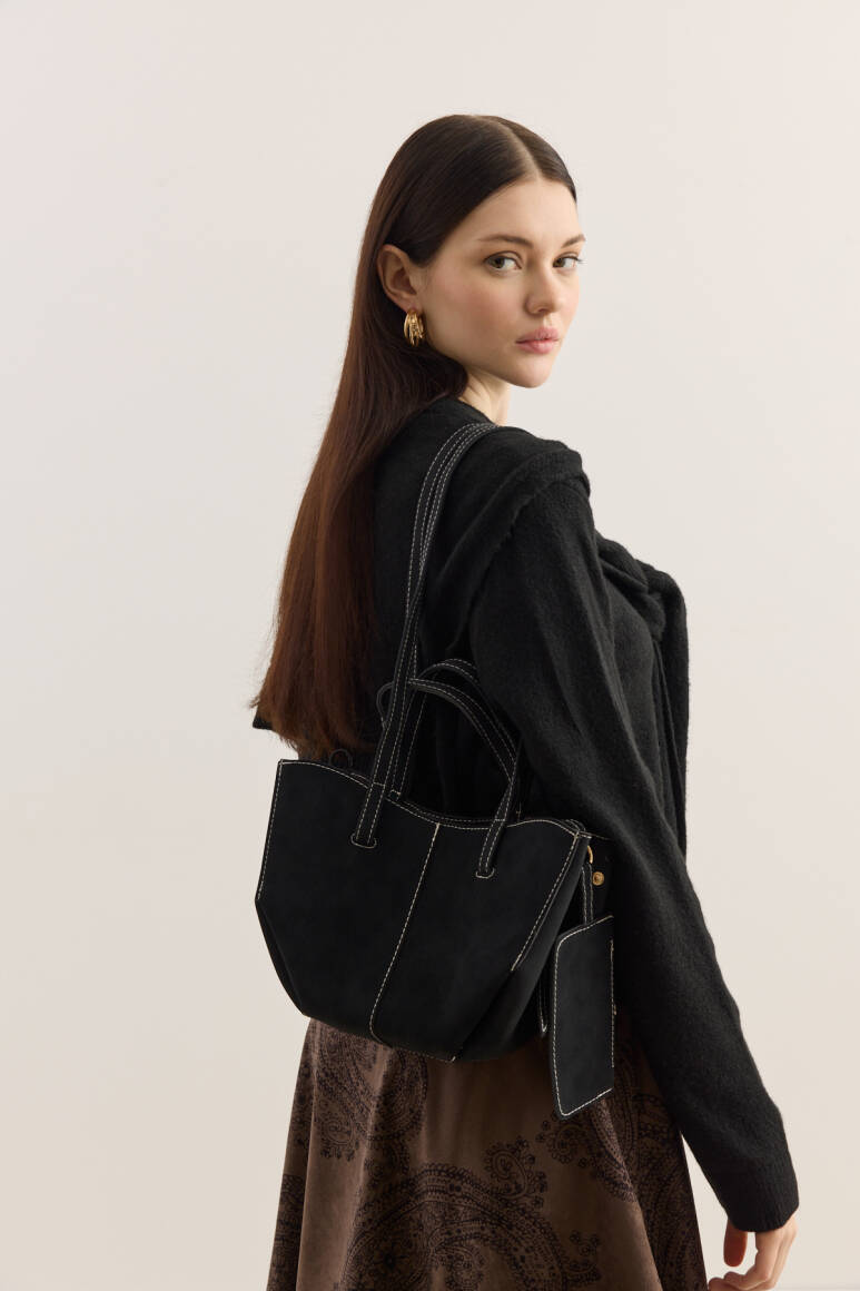 Dikiş Detaylı Mini Tote Çanta Süet Siyah - 1