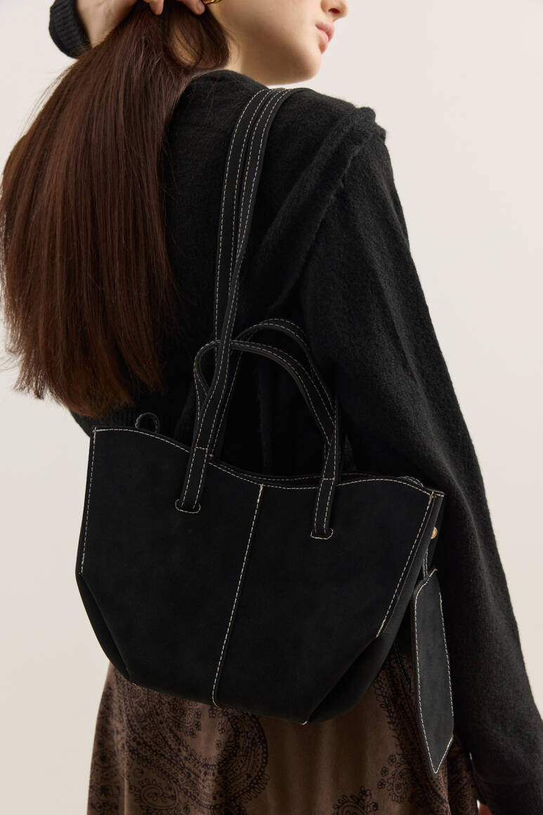 Dikiş Detaylı Mini Tote Çanta Süet Siyah - 2