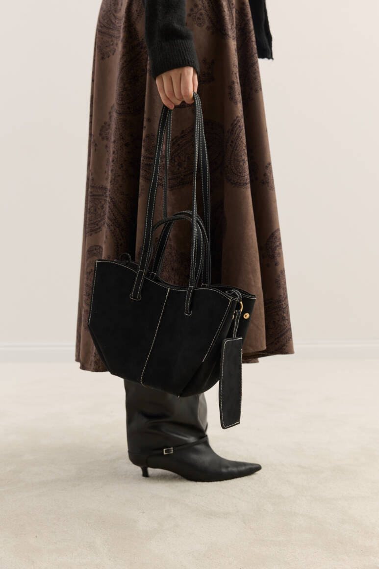 Dikiş Detaylı Mini Tote Çanta Süet Siyah - 5