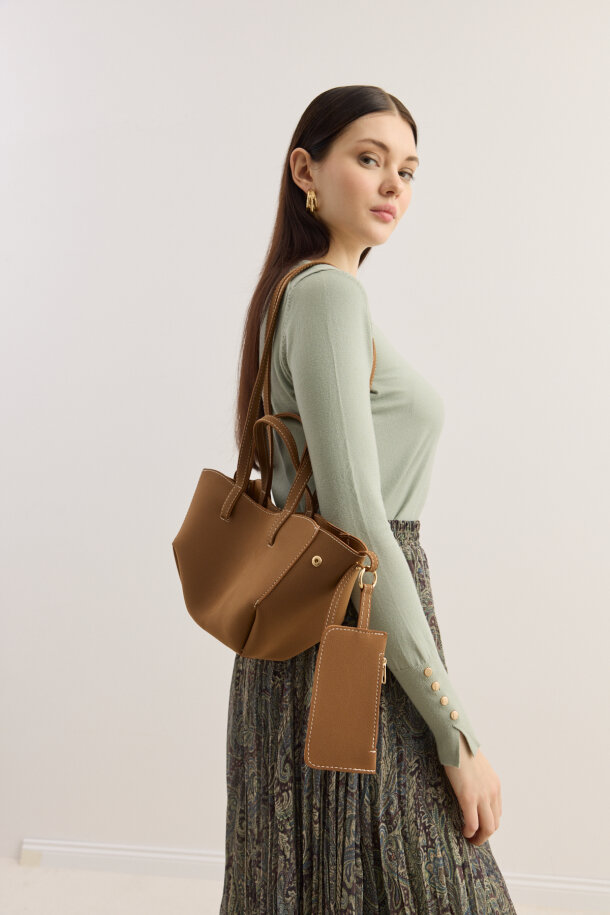 Dikiş Detaylı Mini Tote Çanta Süet Taba - EMNORA