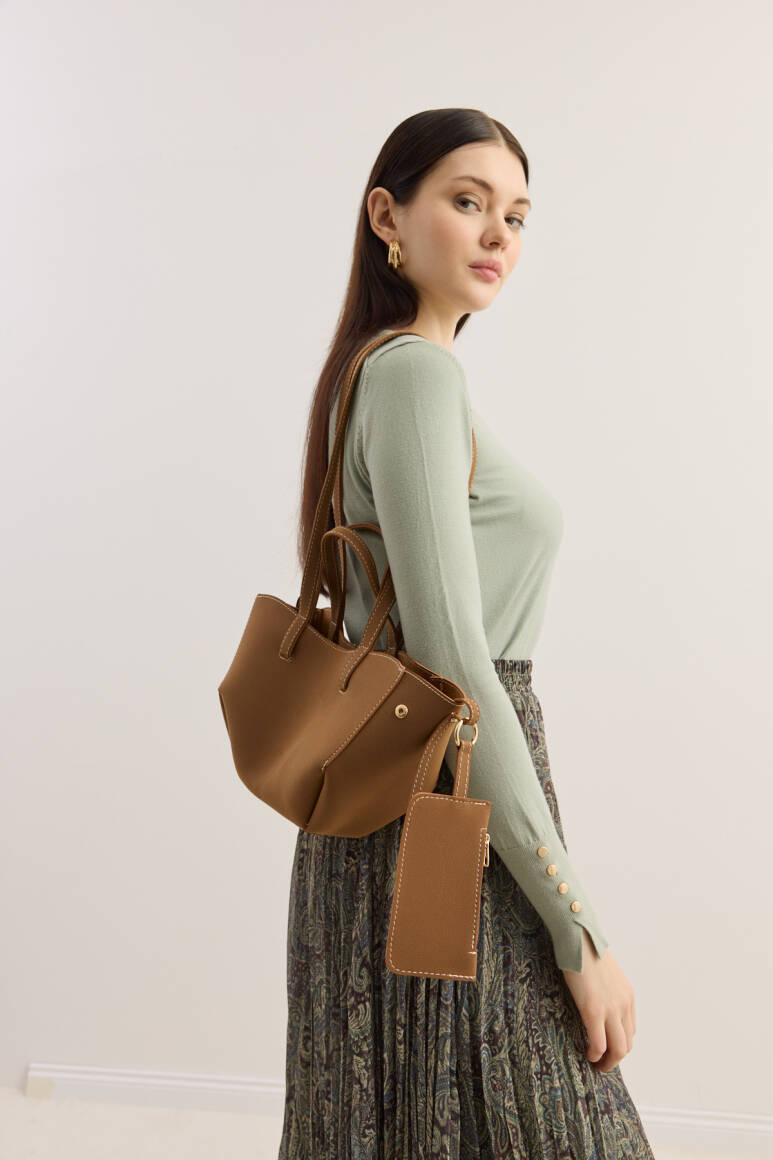 Dikiş Detaylı Mini Tote Çanta Süet Taba - EMNORA