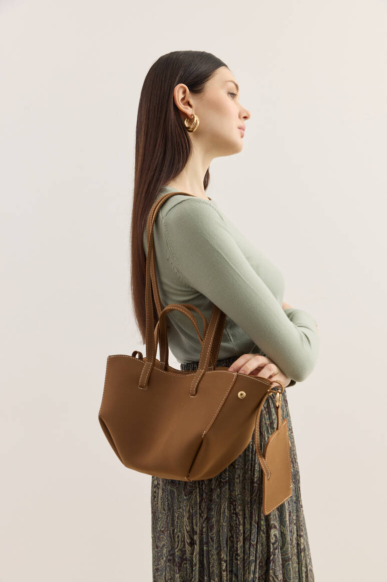 Dikiş Detaylı Mini Tote Çanta Süet Taba - 2