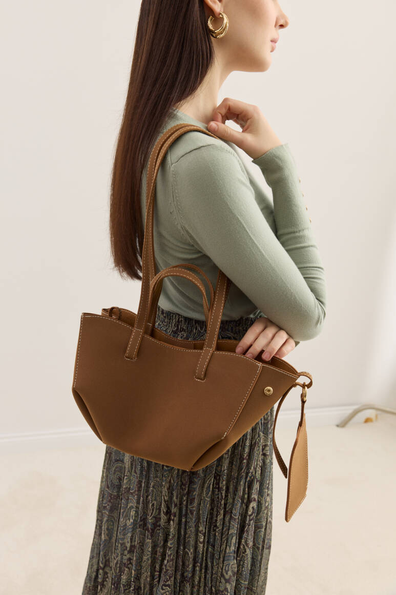 Dikiş Detaylı Mini Tote Çanta Süet Taba - 4