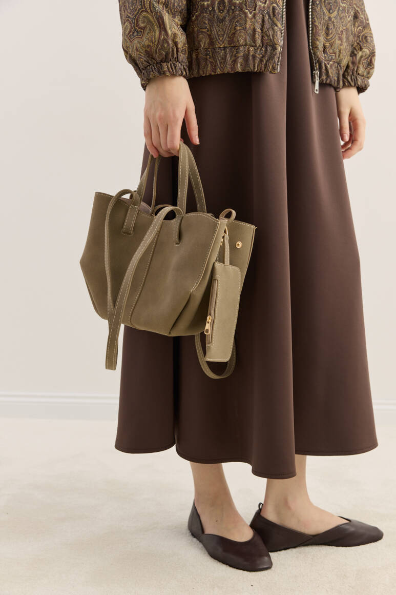 Dikiş Detaylı Mini Tote Çanta Süet Vizon - EMNORA