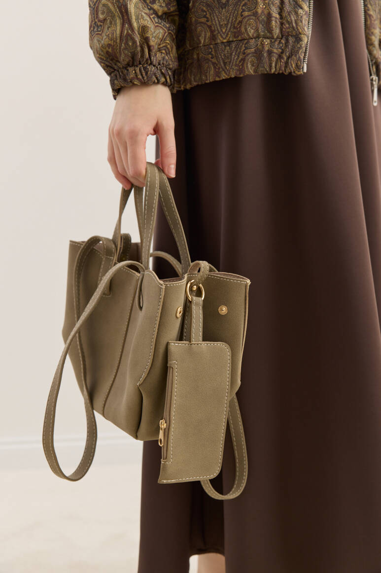 Dikiş Detaylı Mini Tote Çanta Süet Vizon - 2
