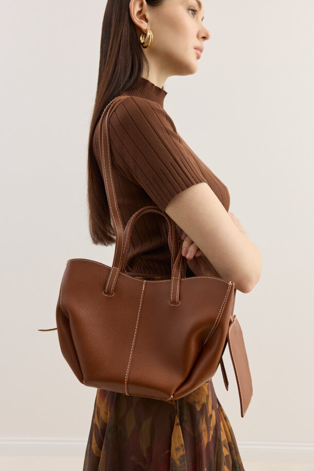 Dikiş Detaylı Mini Tote Çanta Taba - EMNORA