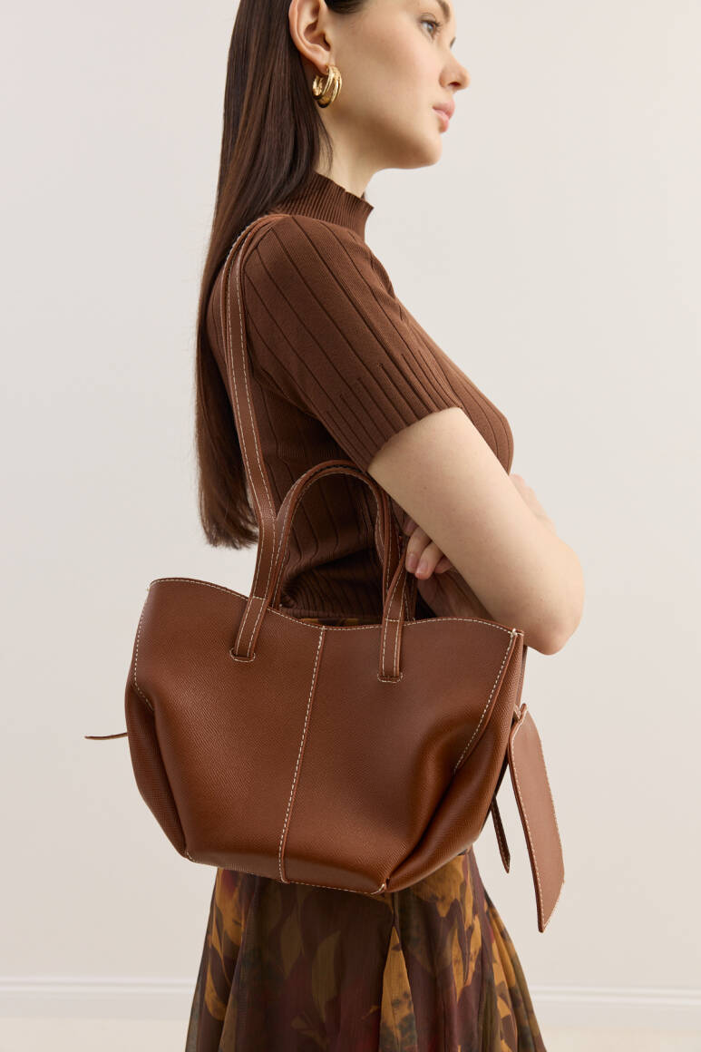 Dikiş Detaylı Mini Tote Çanta Taba - EMNORA