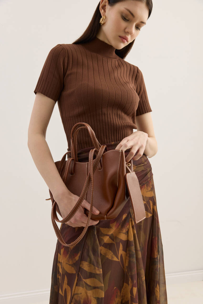 Dikiş Detaylı Mini Tote Çanta Taba - 3