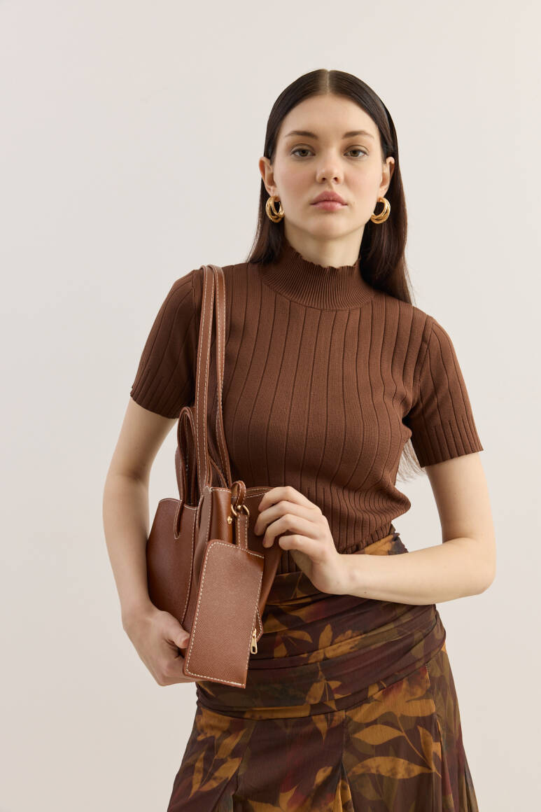 Dikiş Detaylı Mini Tote Çanta Taba - 4