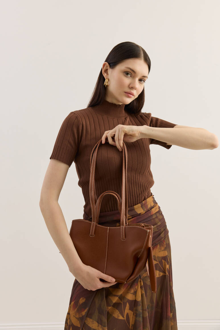 Dikiş Detaylı Mini Tote Çanta Taba - 5