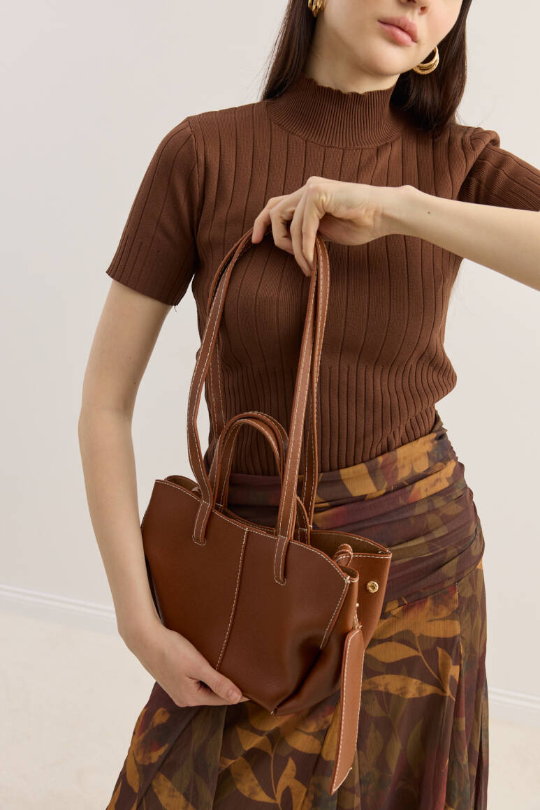 Dikiş Detaylı Mini Tote Çanta Taba - 2