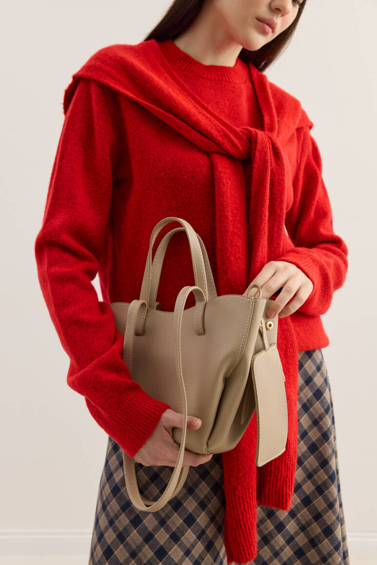 Dikiş Detaylı Mini Tote Çanta Vizon - 1