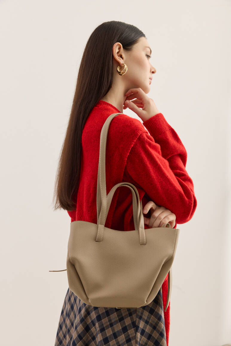 Dikiş Detaylı Mini Tote Çanta Vizon - 3