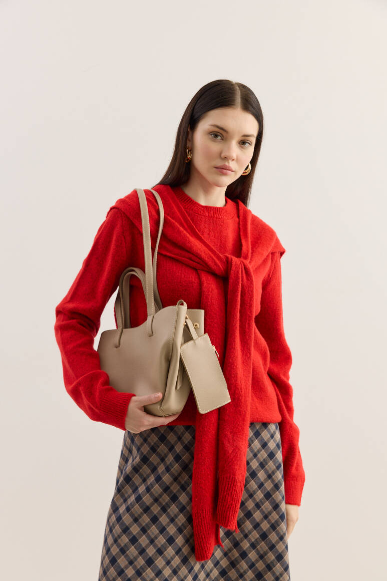 Dikiş Detaylı Mini Tote Çanta Vizon - 2