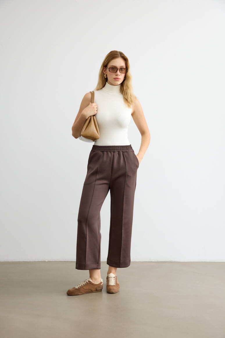 Dikiş Detaylı Scuba Pantolon Acı Kahve - EMNORA