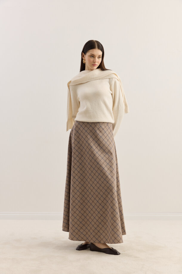 Ekose Kloş Etek Bej - EMNORA (1)