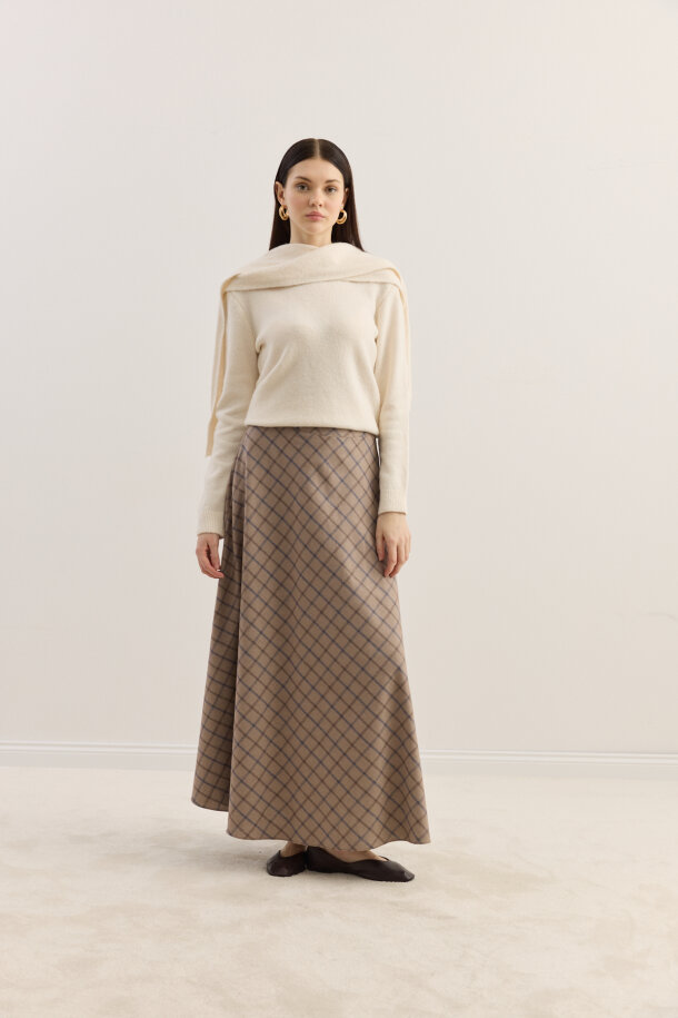 Ekose Kloş Etek Bej - EMNORA