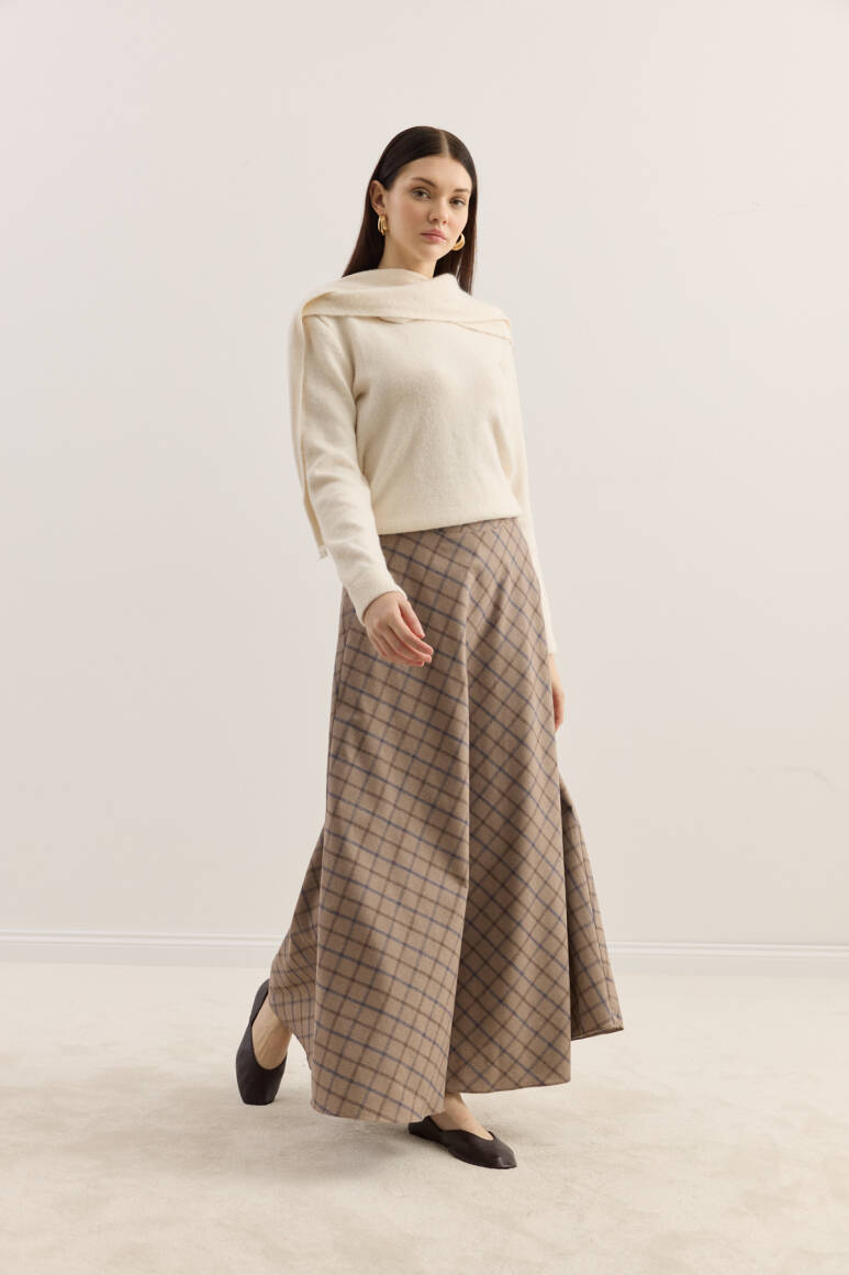 Ekose Kloş Etek Bej - 4