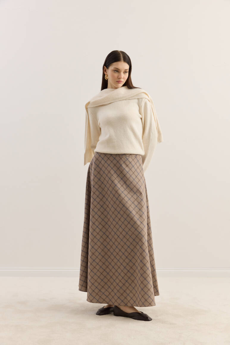 Ekose Kloş Etek Bej - 2