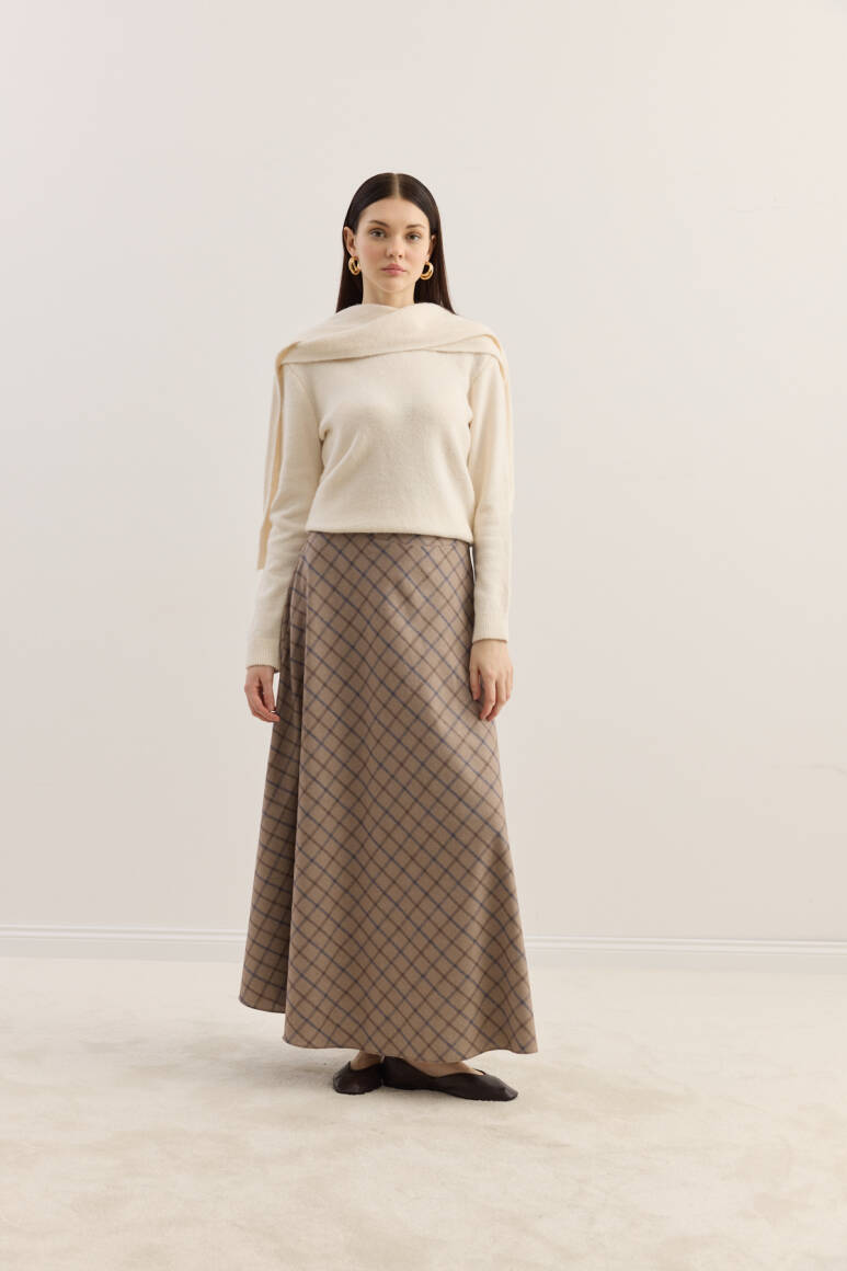 Ekose Kloş Etek Bej - 1