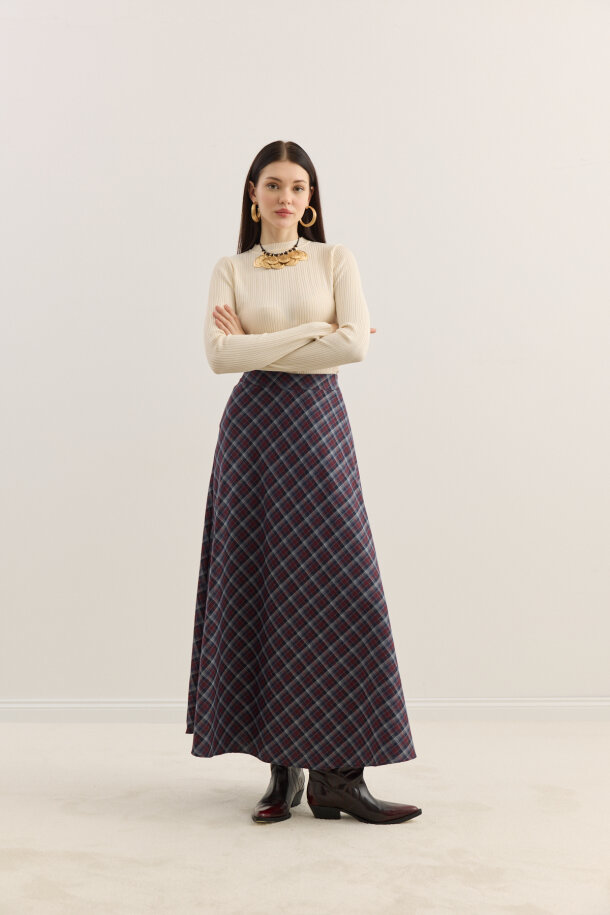 Ekose Kloş Etek Bordo - EMNORA (1)