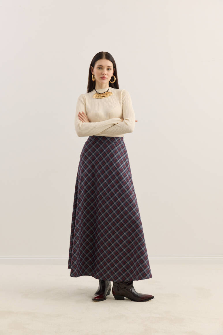 Ekose Kloş Etek Bordo - EMNORA