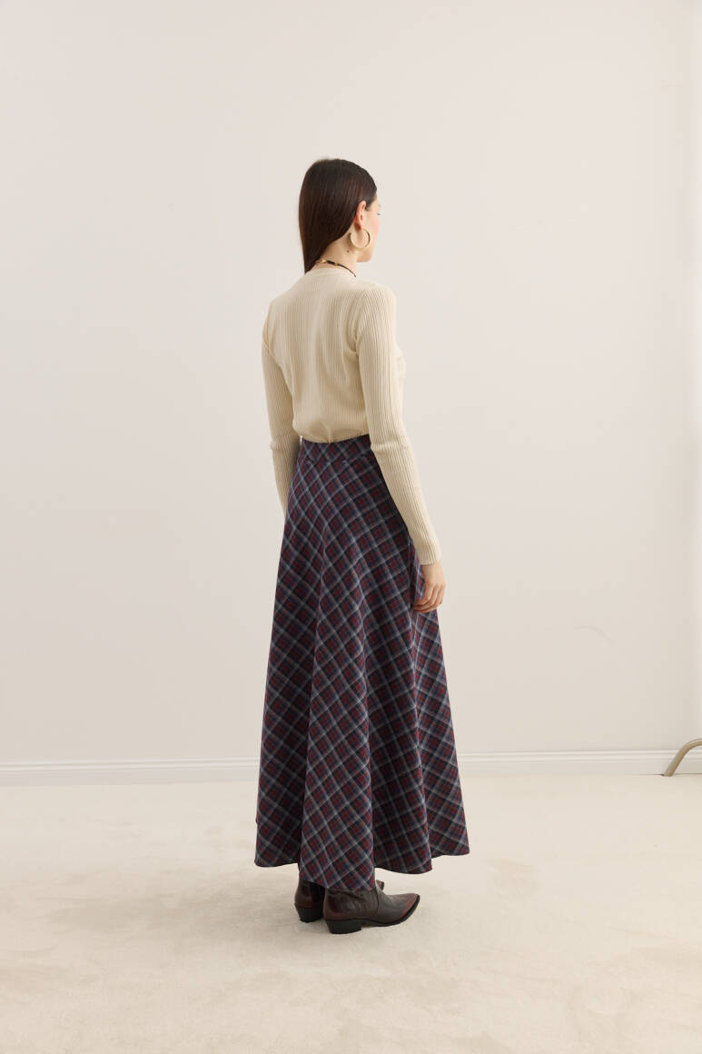 Ekose Kloş Etek Bordo - 4