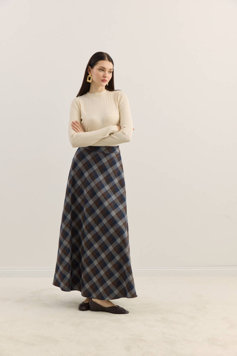 Ekose Kloş Etek Gri - EMNORA