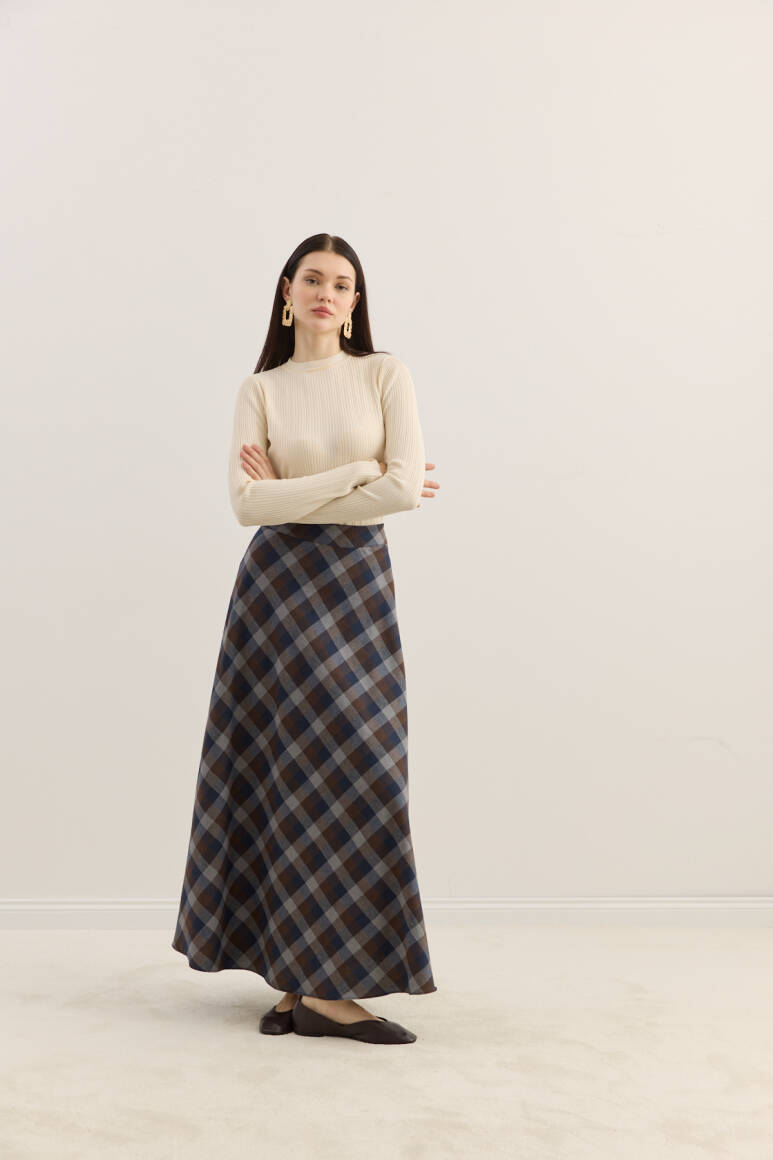 Ekose Kloş Etek Gri - EMNORA