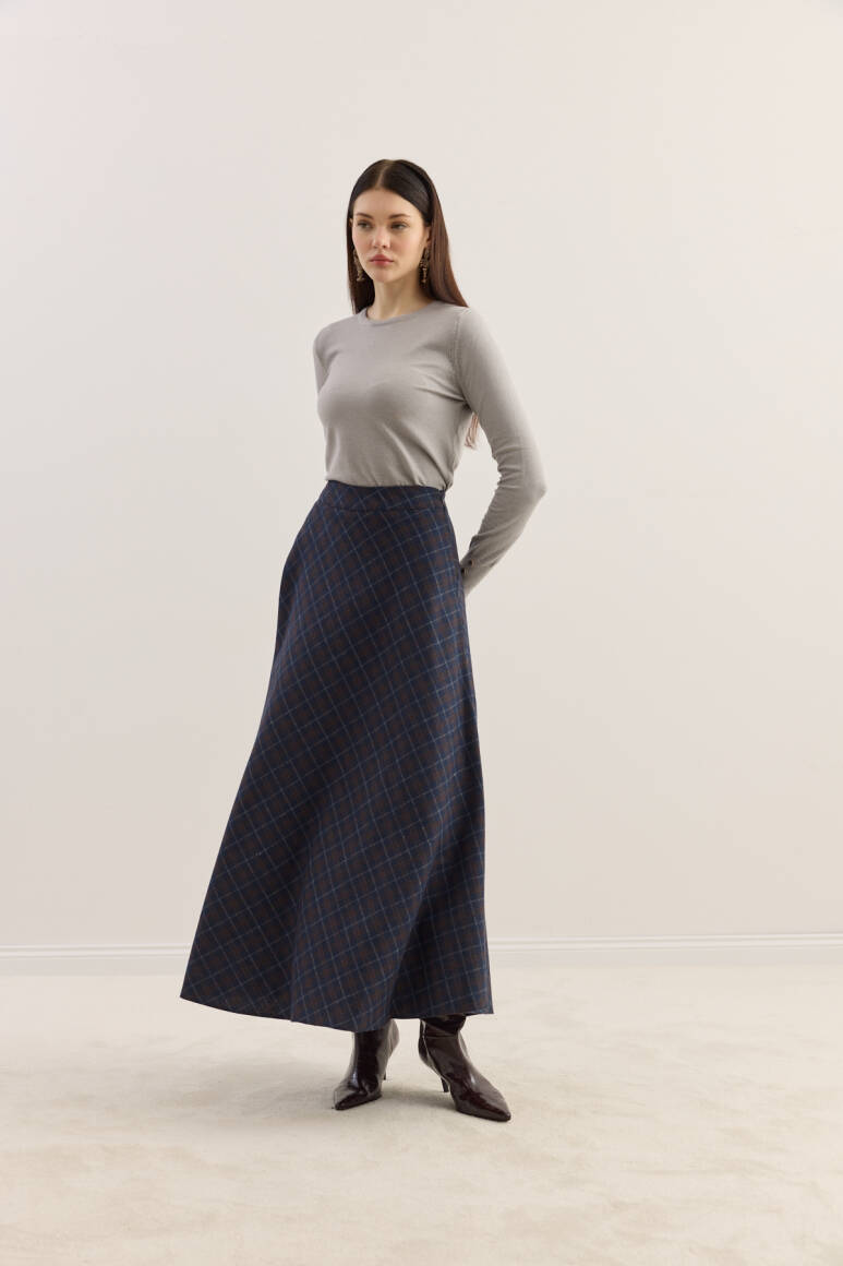 Ekose Kloş Etek Lacivert - EMNORA