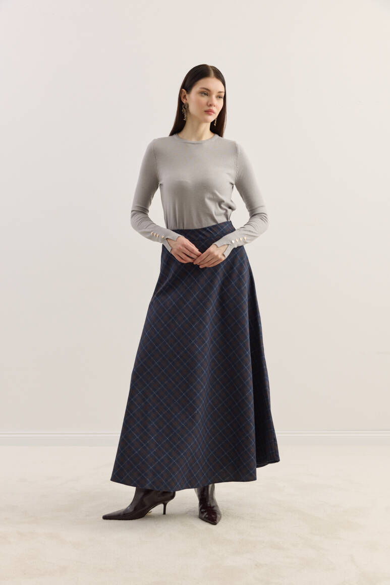 Ekose Kloş Etek Lacivert - 3