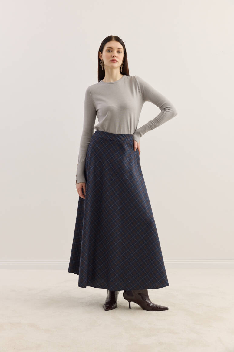 Ekose Kloş Etek Lacivert - 4