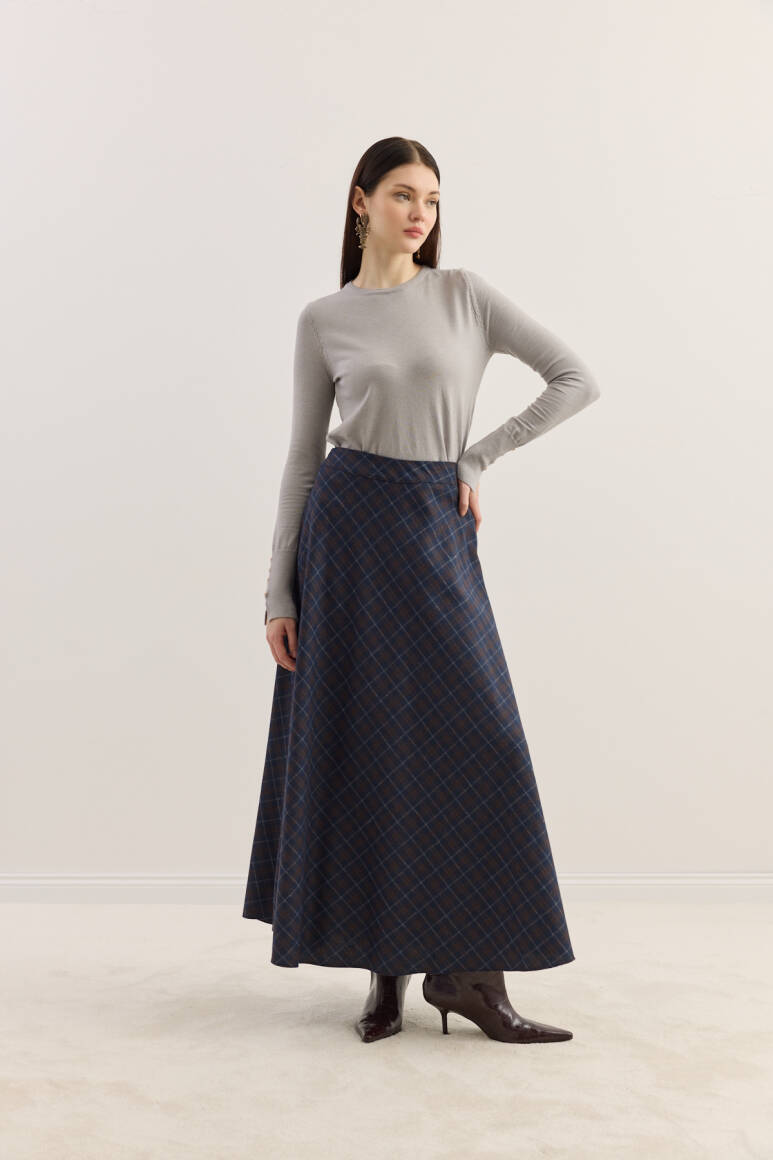 Ekose Kloş Etek Lacivert - 2