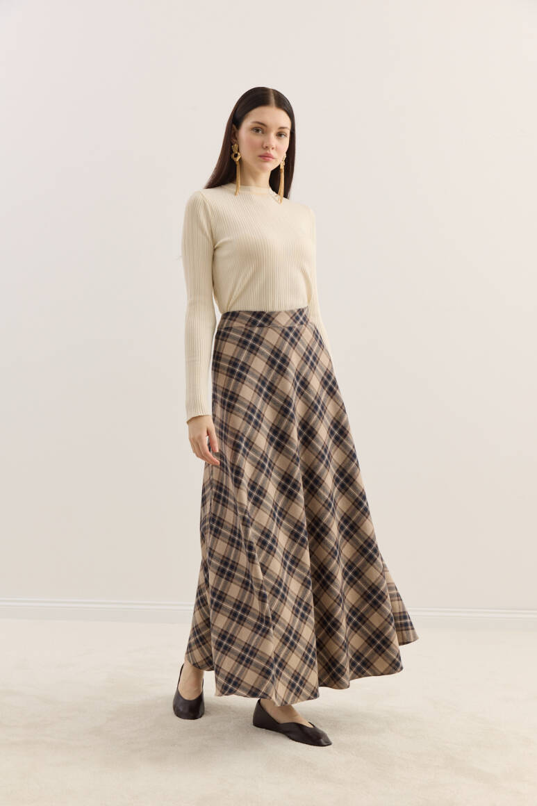 Ekose Kloş Etek Sütlü Kahve - EMNORA