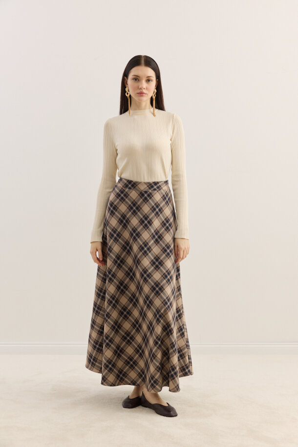 Ekose Kloş Etek Sütlü Kahve - EMNORA (1)