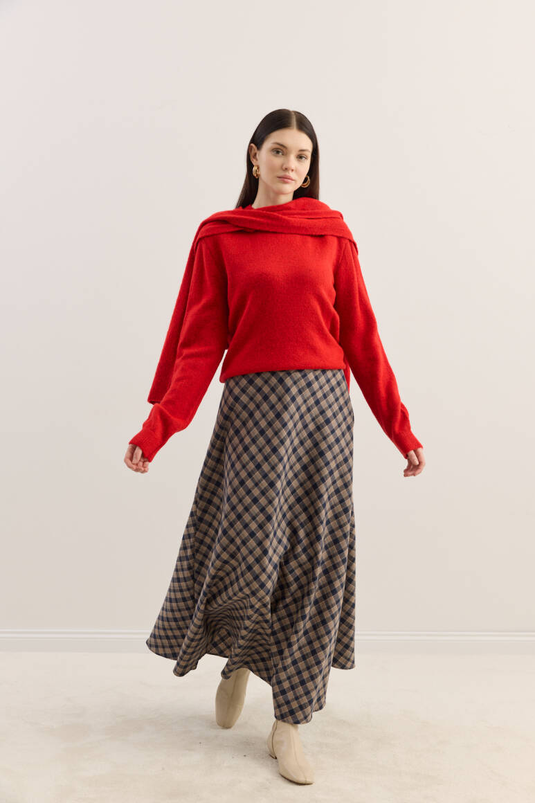 Ekose Kloş Etek Vizon - 3