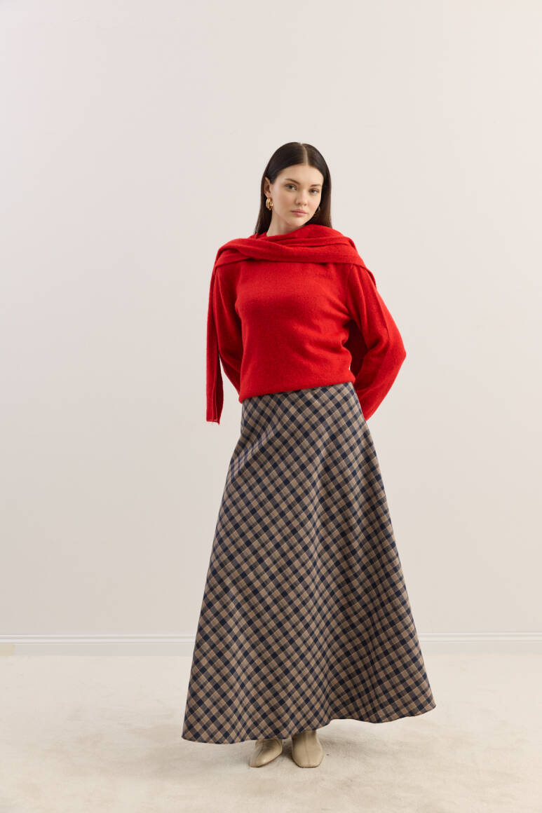 Ekose Kloş Etek Vizon - 1